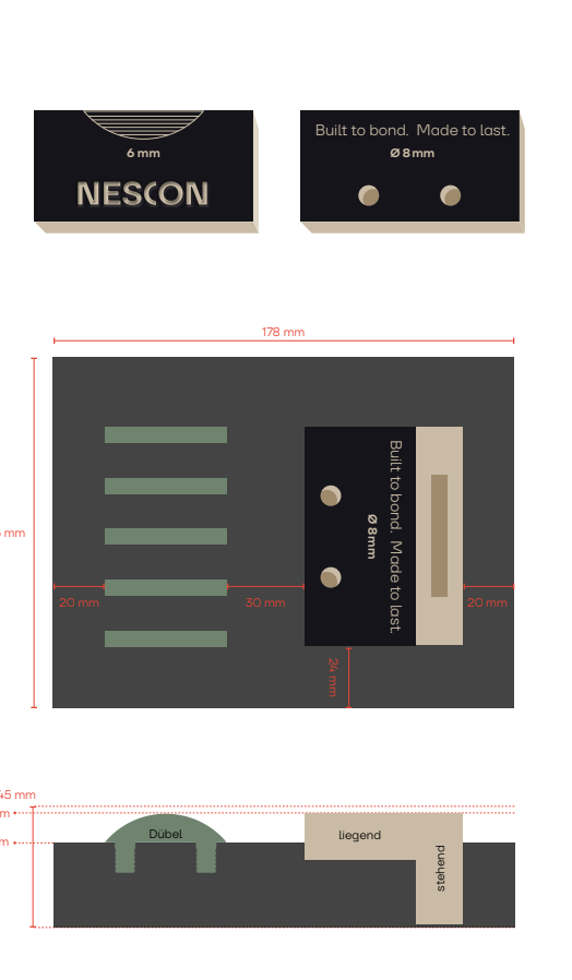 Produkt- und Verpackungslayout des Möbelverbinders mit Branding, Maßangaben und Montageübersicht

