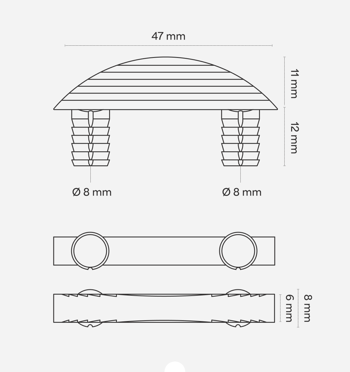 Technische Zeichnung des Möbelverbinders mit Maßangaben: 47 mm Breite, 11 mm Höhe und 8 mm Dübel-Durchmesser
